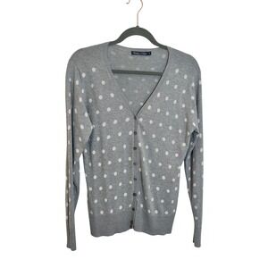 WoolOvers Lightweight Cardigan Sweater Size M Gray Silk Cotton Polka Dot Preppy